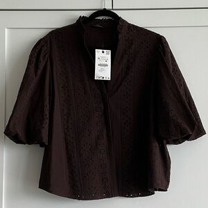Zara Dark Brown Eyelet Puff Sleeve Blouse